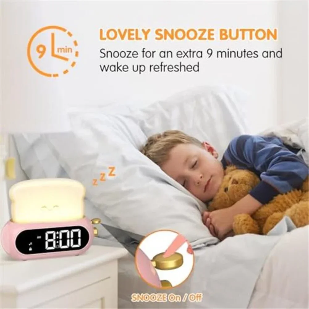 Cute digital alarm clock night light kids bedroom bedside snooze nap timer gift